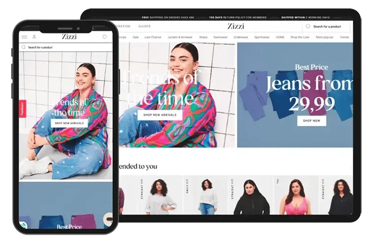 Zizzi's webshop on mobile and tablet
