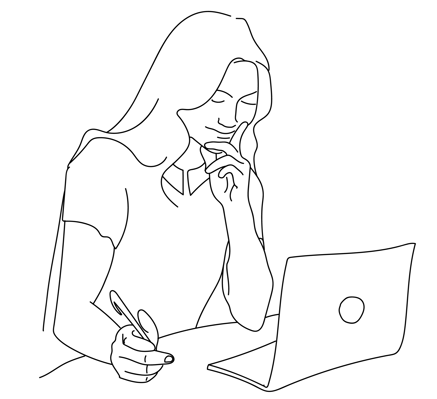 Line drawing of woman looking at a computer with a pen in her hand
